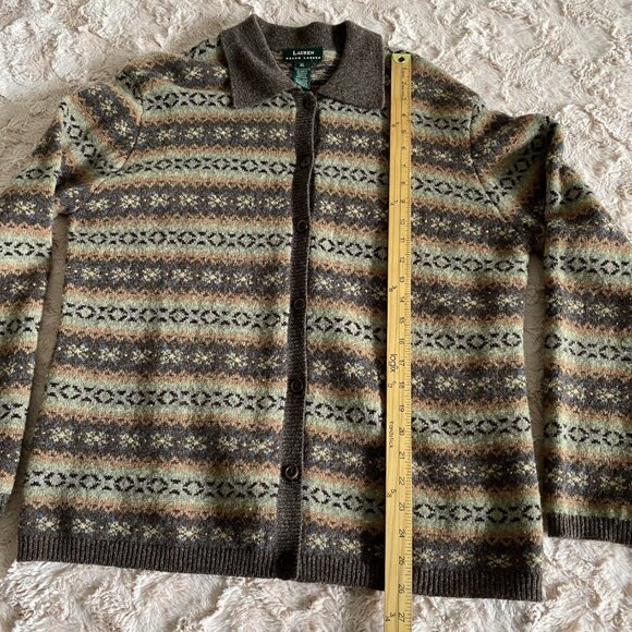 VTG Lauren Ralph Womens XL 100% Lambswool Fair Isle Cardigan Sweater Brown/Tan - Picture 6 of 9